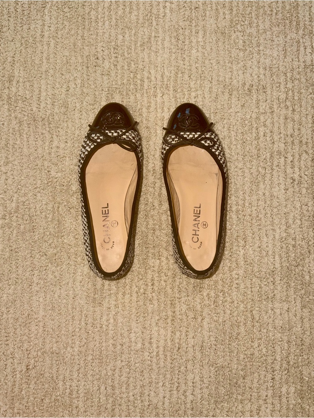CHANEL Black & White Tweed Ballet Flats with Patent Cap